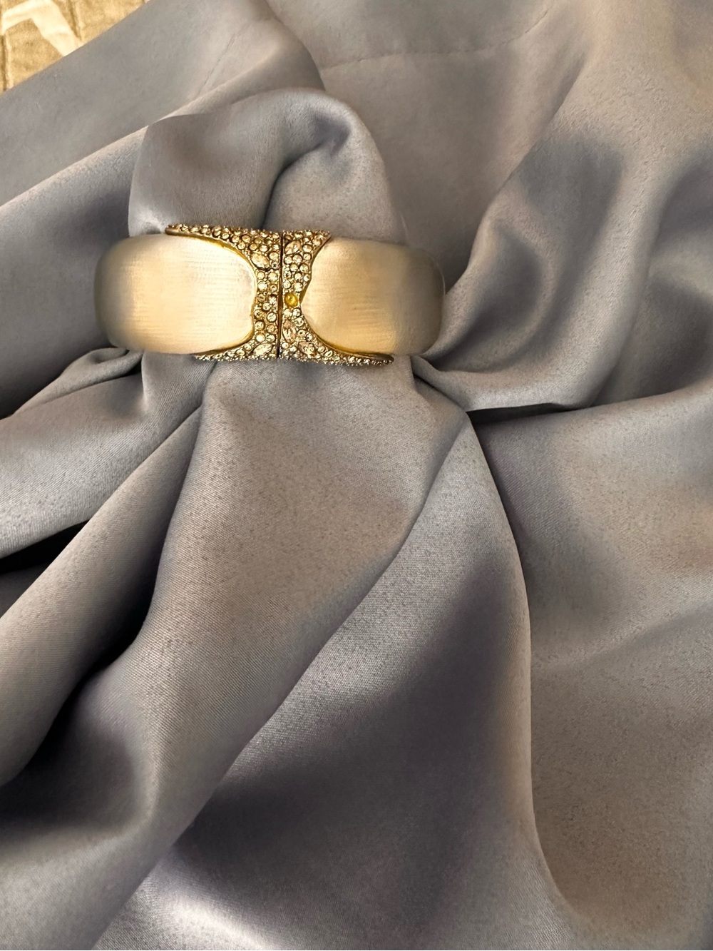 Alexis Bittar Frosted Gold Lucite & Crystal Encrusted Hinged Bangle Bracelet